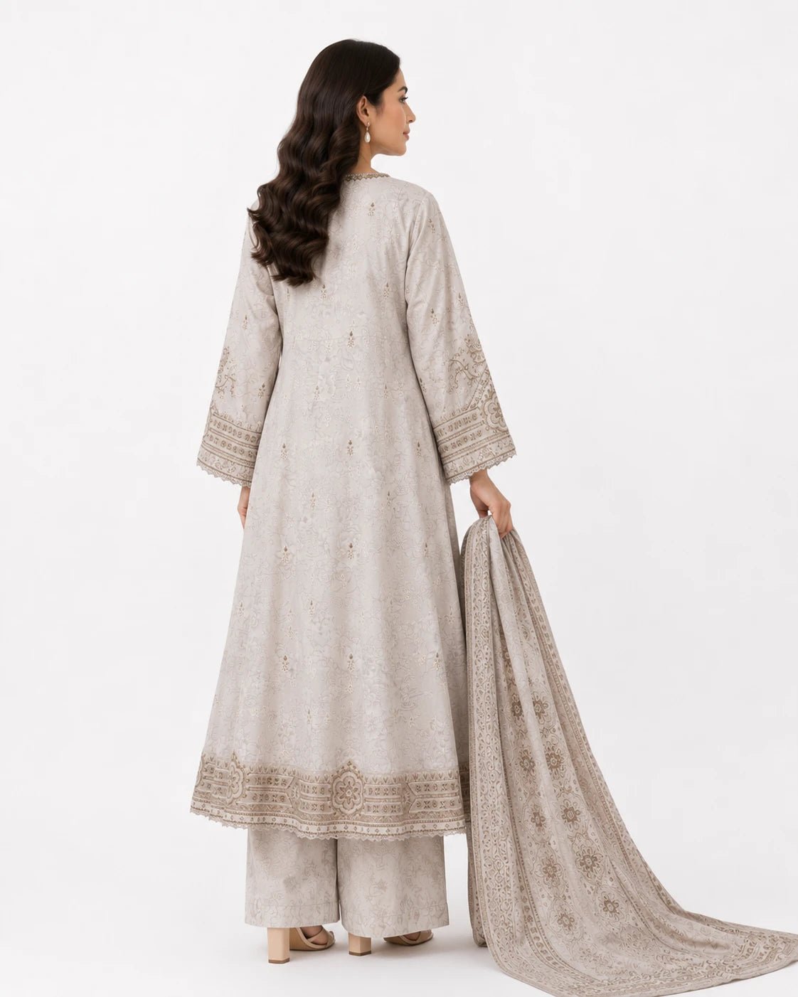 Women's Light Beige Embroidered 3 Piece Lawn Maxi Suit - ZORA