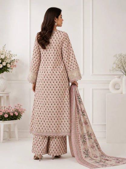 Beige Floral Embroidered 3 Piece Lawn Maxi Suit - ZORA
