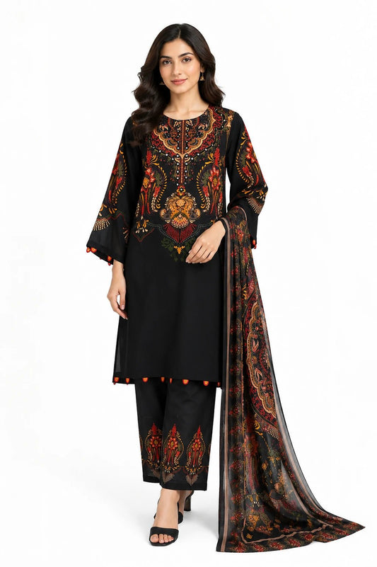Premium Black Digital Printed Cotton 3 Piece - ZORA