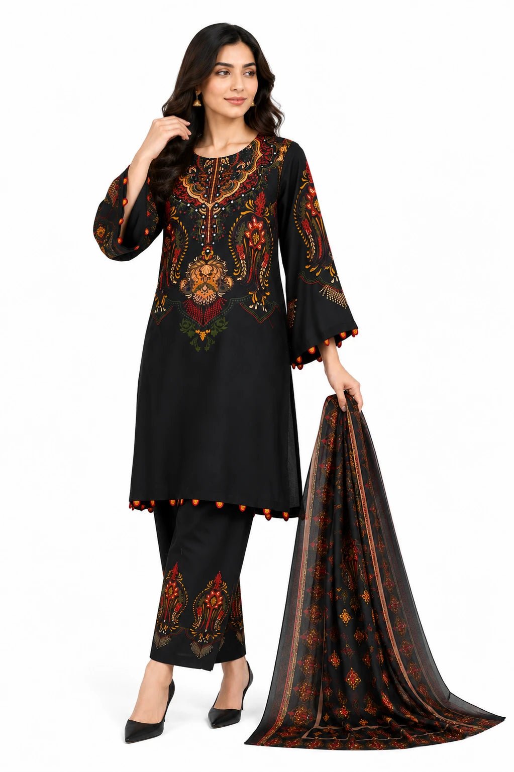 Premium Black Digital Printed Cotton 3 Piece - ZORA