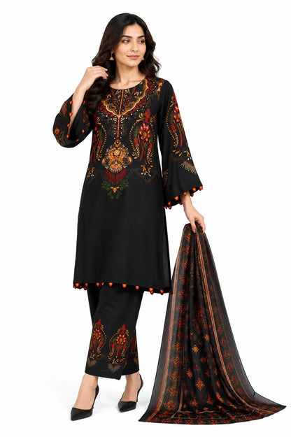 Premium Black Digital Printed Cotton 3 Piece - ZORA