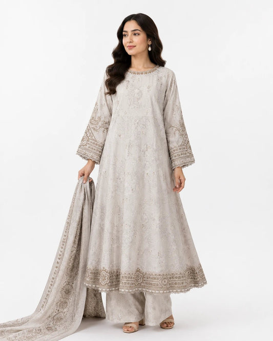 Women's Light Beige Embroidered 3 Piece Lawn Maxi Suit - ZORA