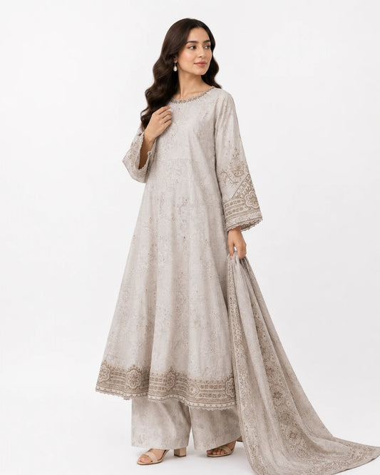 Women's Light Beige Embroidered 3 Piece Lawn Maxi Suit - ZORA