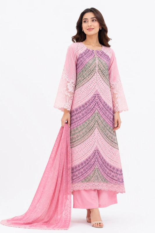 Blush Pink Embroidered Swiss Cotton 3-Piece - ZORA