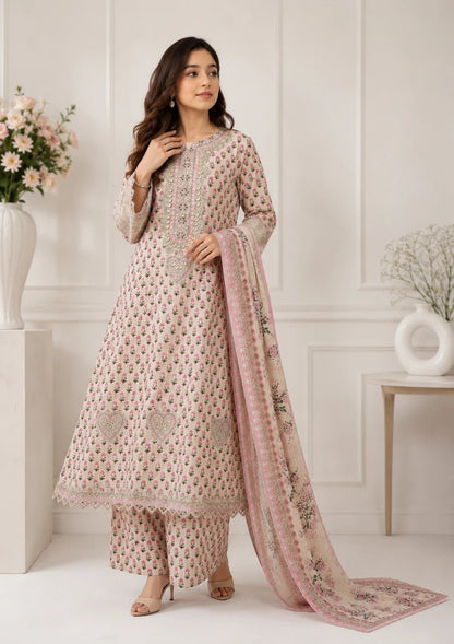 Beige Floral Embroidered 3 Piece Lawn Maxi Suit - ZORA