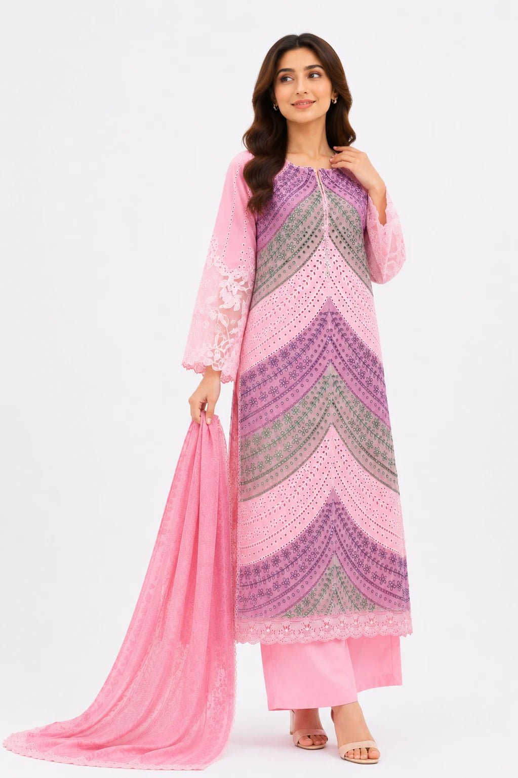 Blush Pink Embroidered Swiss Cotton 3-Piece - ZORA