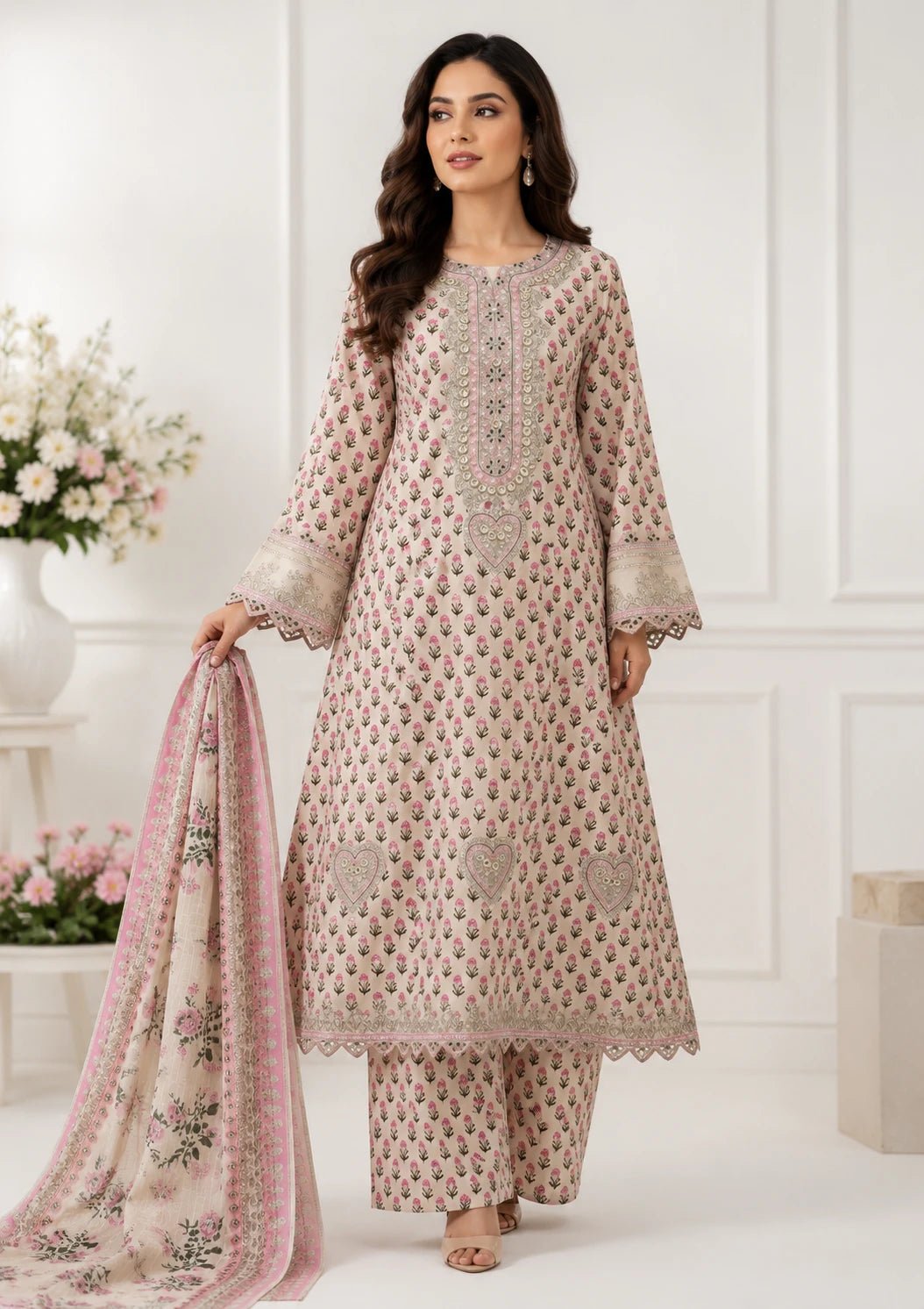 Beige Floral Embroidered 3 Piece Lawn Maxi Suit - ZORA